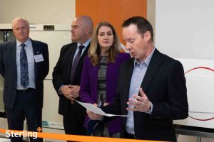 Matt Skynner, David Van Slingerland, and Laura Smith, MPP, at cutting the ribbon ceremony for the MedTech Innovation Lab at Sterling Industries.